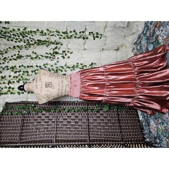 Free People Dresses & Skirts - Free People Moonbeam Maxi Metallic Rose Pink Tiered Skirt with Wide Waistband